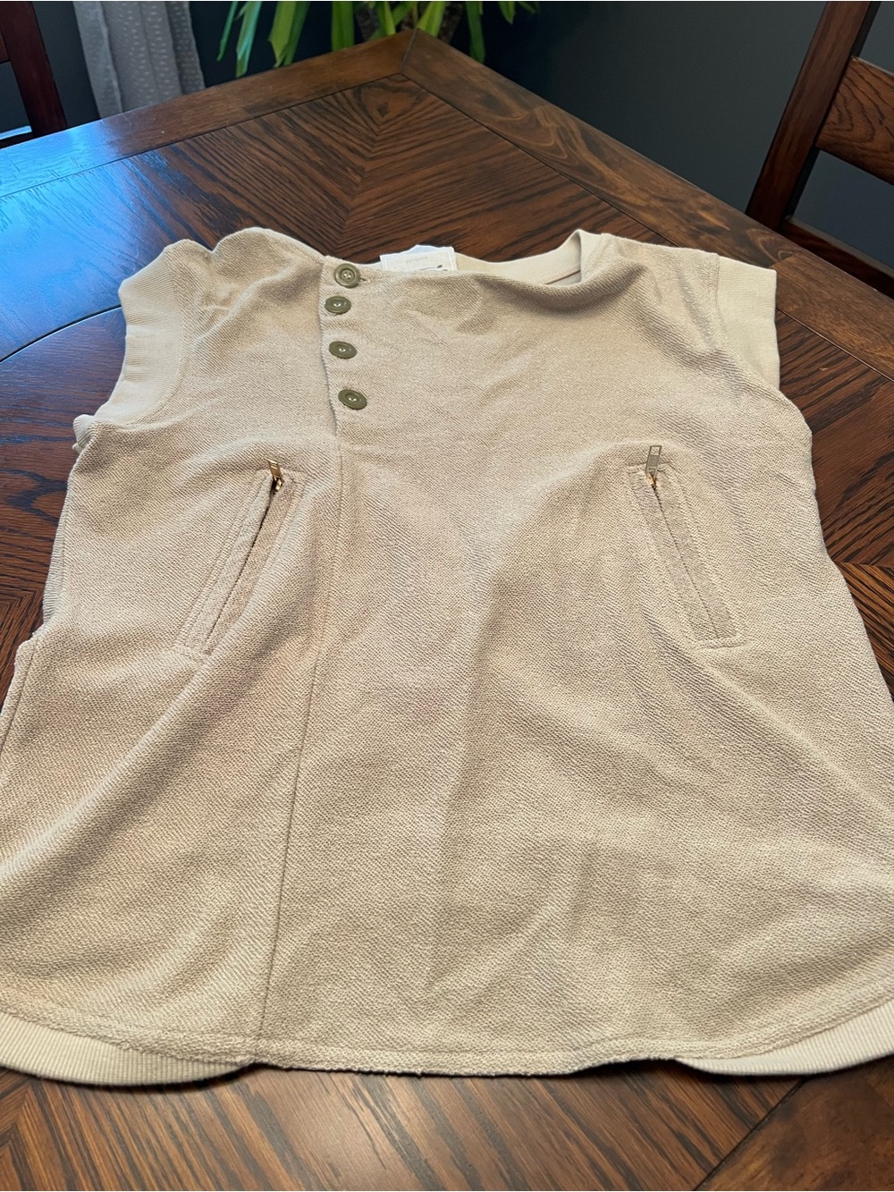 figwood olive green Knit Crew Neck Sleeveless Button Zip Sweatshirt Women’s M634